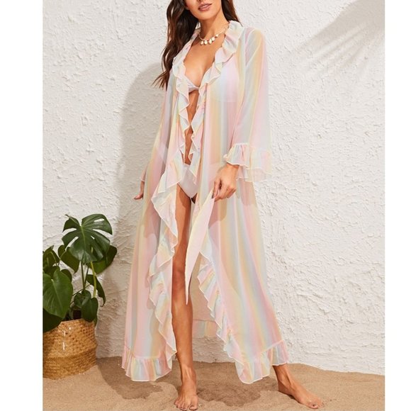 Private Label Other - NWOT Rainbow Pastel Kimono Long Robe Coverup